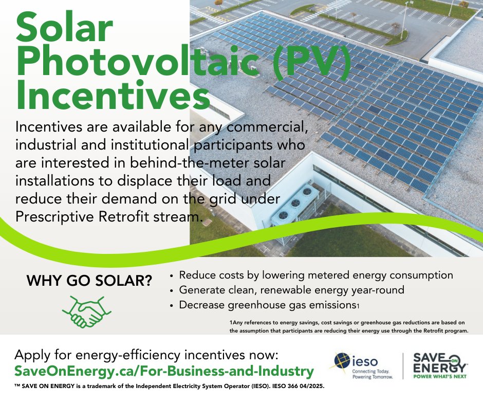 Why go solar? Incentives are available for any commercial, industrial &amp; institutional participants who are interested in behind-the-meter solar installations to displace their load &amp; reduce their demand on the grid. Learn more: saveonenergy.ca/en/For-Busines…. <a href="/saveonenergy/">saveonenergy</a> <a href="/IESO_Tweets/">Ontario's IESO</a>