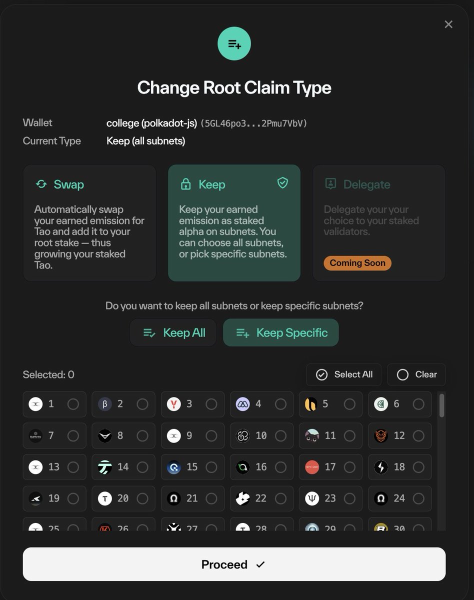 Changing your root claim just got easier!
Swap, Keep (all or specific Subnets). Delegate coming when it is on chain

👀
taostats.io/staking/root-c… (click change)