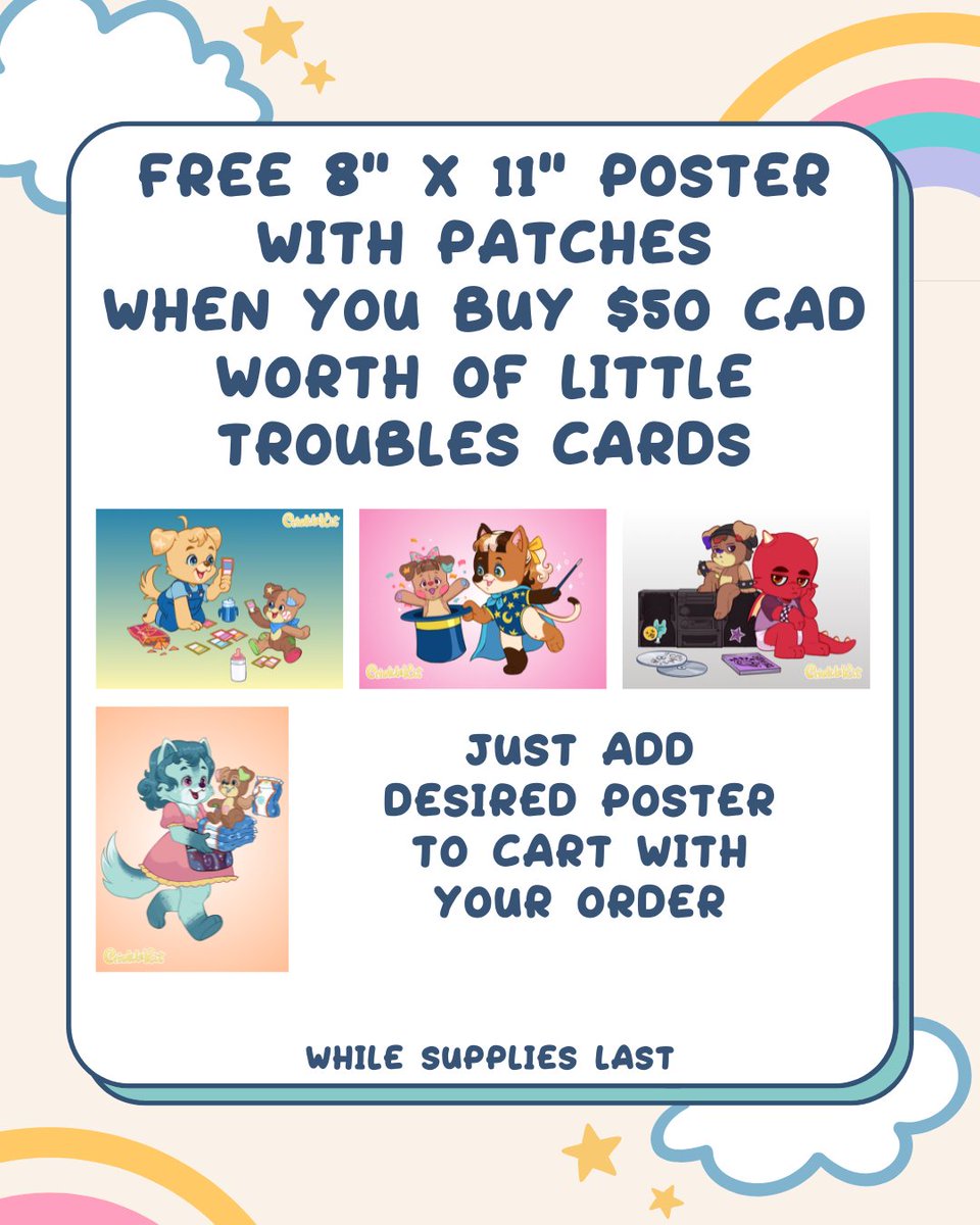 CrinkleKit's tweet photo. Collecting Little Troubles cards?
Grab $50 CAD in cards and get a free 8x11 poster with Patches + the Crinkle Kids!
4 designs to pick from, just add your fav to cart β¨ While posters last!
#CrinkleKit #LittleTroubles #abdlcanada https://t.co/Rp8XPIAaMf