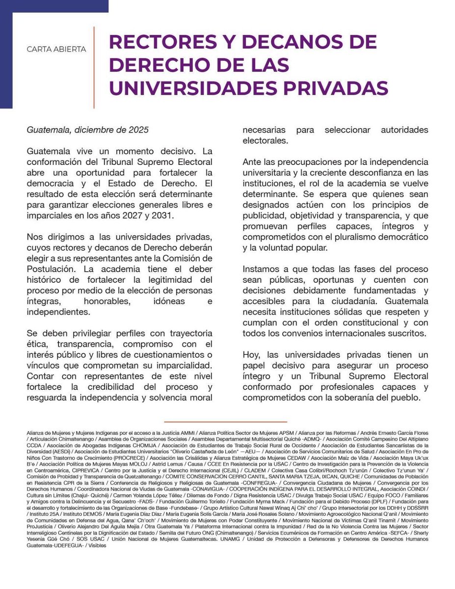 ✍🏽Junto a más de 50 organizaciones firmamos esta carta abierta dirigida a las y los rectores y decanos de las universidades privadas que elegirán a sus representantes ante la Comisión de Postulación del TSE.