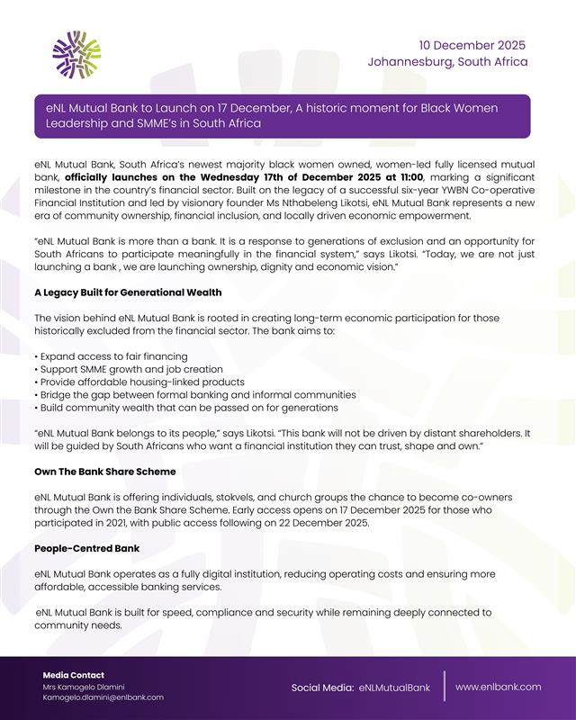 eNLMutualBank's tweet photo. Ownership starts HERE! 💜 🎉 👇

Big news! SA’s newest majority black women-led bank launches 17 Dec. Own it. Shape it. Grow with it.

Be part of this historic journey!

#FinancialInclusion #Leadership #OwnTheBank https://t.co/zLraWjwxJI