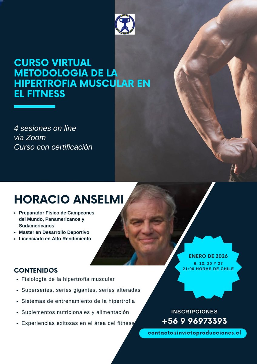 CURSO: METODOLOGÌA DE LA HIPERTROFIA MUSCULAR EN EL FITNESS, ENERO DE 2026

DIRIGIDO A: Profesores/as de Educación Física, Licenciados/as en Actividad Física, Nutricionistas, Médicos, Kinesiólogos/as, Entrenadores/as, Técnicos Deportivos, Preparadores/as Físicos y Profesionales