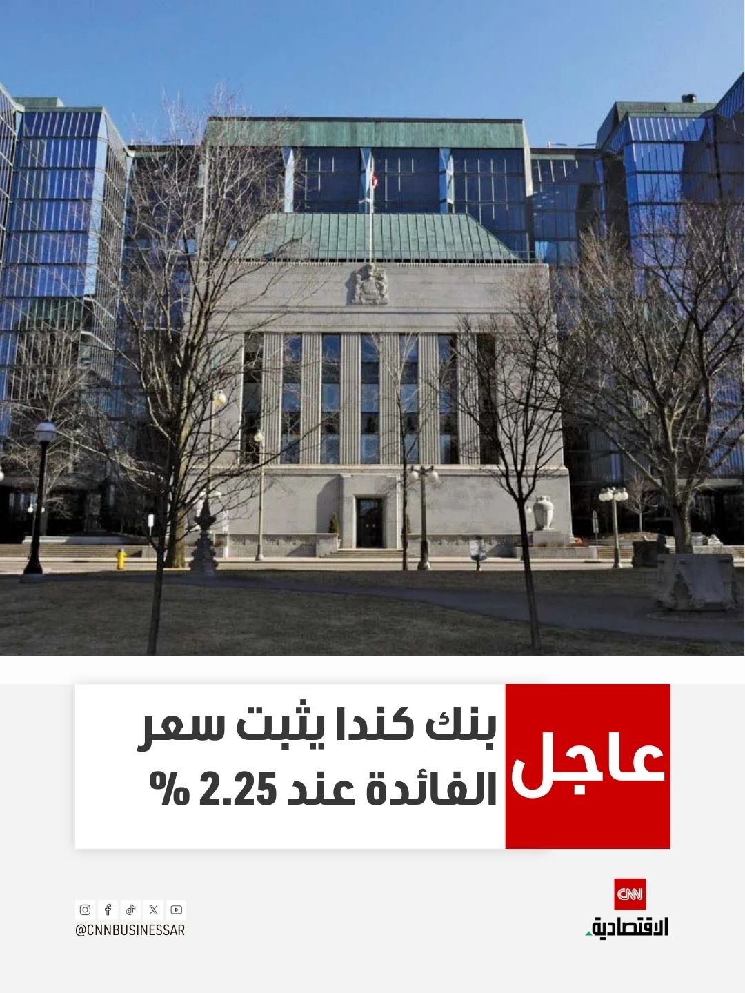 عاجل | بنك كندا يثبت سعر الفائدة عند 2.25 % 