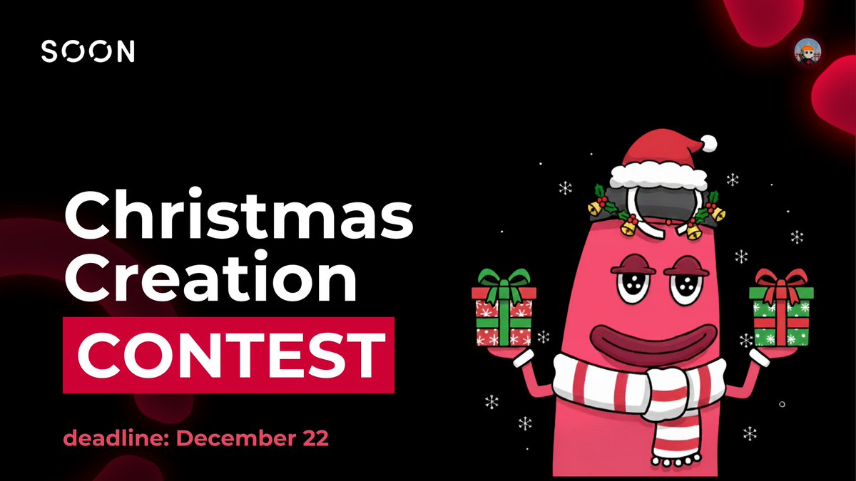 dallask1y's tweet photo. SOON is running a Christmas contest and it’s actually a solid chance to get noticed. 

You can make literally any kind of holiday-themed creative in the Dr. SOON universe: video, meme, fanart, photo, story, even a short write up

Basically anything that gives off that Christmas vibe

Rules are simple: make your thing, tag @soon_svm, drop #SOONXmas, and send it to mockup-builder-content channel

Deadline is December 22, winners announce on the 25th

Prizes are decent too: top spot gets $50 + 20 SP, then $30/$20 for the next ones and more SP for the top 10

Why join? It’s an easy way to show up in the community, flex your style, and build some rep

Plus it’s a Christmas theme → you can do it just for fun and still get rewarded

If you’ve been wanting an excuse to make something creative, this is the perfect moment