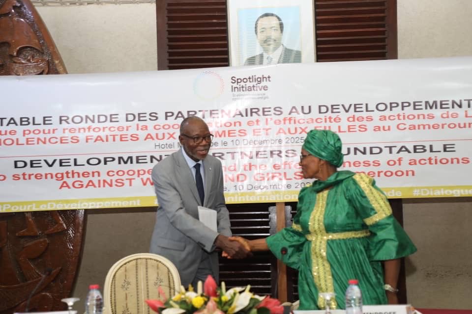 UN_Cameroon's tweet photo. Today, RC @IssaSanogoUN joined Minister Marie Thérèse Abena Ondoa &amp; development partners at the roundtable, #UNiTED to end violence against girls &amp; women through #Spotlight2.0.
Every $1 invested in prevention returns $5.50. Let’s act now for dignity, safety &amp; progress.  
#EndVBG https://t.co/qhMktKt0c5