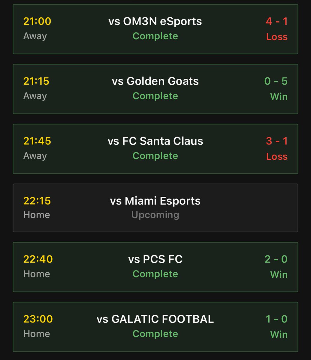 🅱️ILAN

Ligue 1 🇧🇪<a href="/belgique_vpg/">VPG BELGIQUE 🇧🇪</a> 

✅ 2-0 🆚 <a href="/PCSDIV2/">PCS #DIV2 ⚜️</a> 
✅ 1-0 🆚 <a href="/galacticfootba2/">galacticfootball10</a> 

Ligue 1 🌍<a href="/VPGEurope/">Virtual Pro Gaming | Europe</a> 

❌ 4-1 🆚 <a href="/OmenEsportsCS2/">Omen Esports</a> 
✅ 5-0 🆚 <a href="/GoldenGoatsPL/">Golden Goats</a> 
❌ 3-1 🆚 <a href="/FCSantaClaus/">FC Santa Claus</a> 
✅ 3-0 🆚 <a href="/MiamiEsports1/">Miami Esports</a> 

Bonne session dans l’ensemble avec les dépannages💪🏾. 

On est