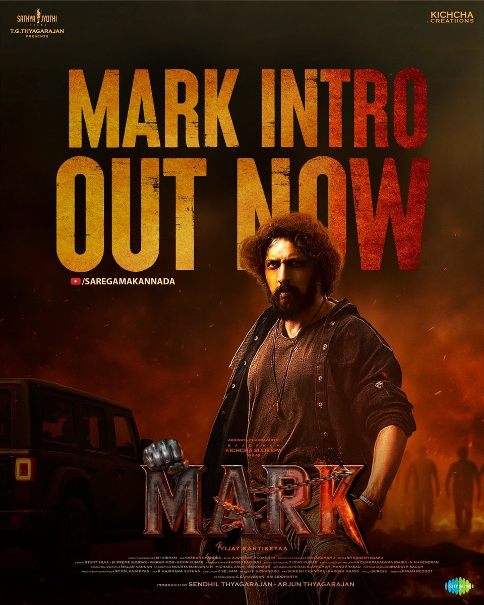 KicchaFansKarna's tweet photo. The wait is over!! The Storm has arrived #MARKINTRO OUT NOW🔥
Starring KichchaSudeepa,Directed by VJ🔥🔥
Power, Style & Madness in every frame 👊
#Mark
#ಮಾರ್ಕ್
@KicchaSudeep @iampriya06 @SathyaJyothi @VKartikeyaa @AJANEESHB @iampriya06 @shekarchandra71 @saregamasouth @MarkTheFilm https://t.co/Ikw7d4BxhK