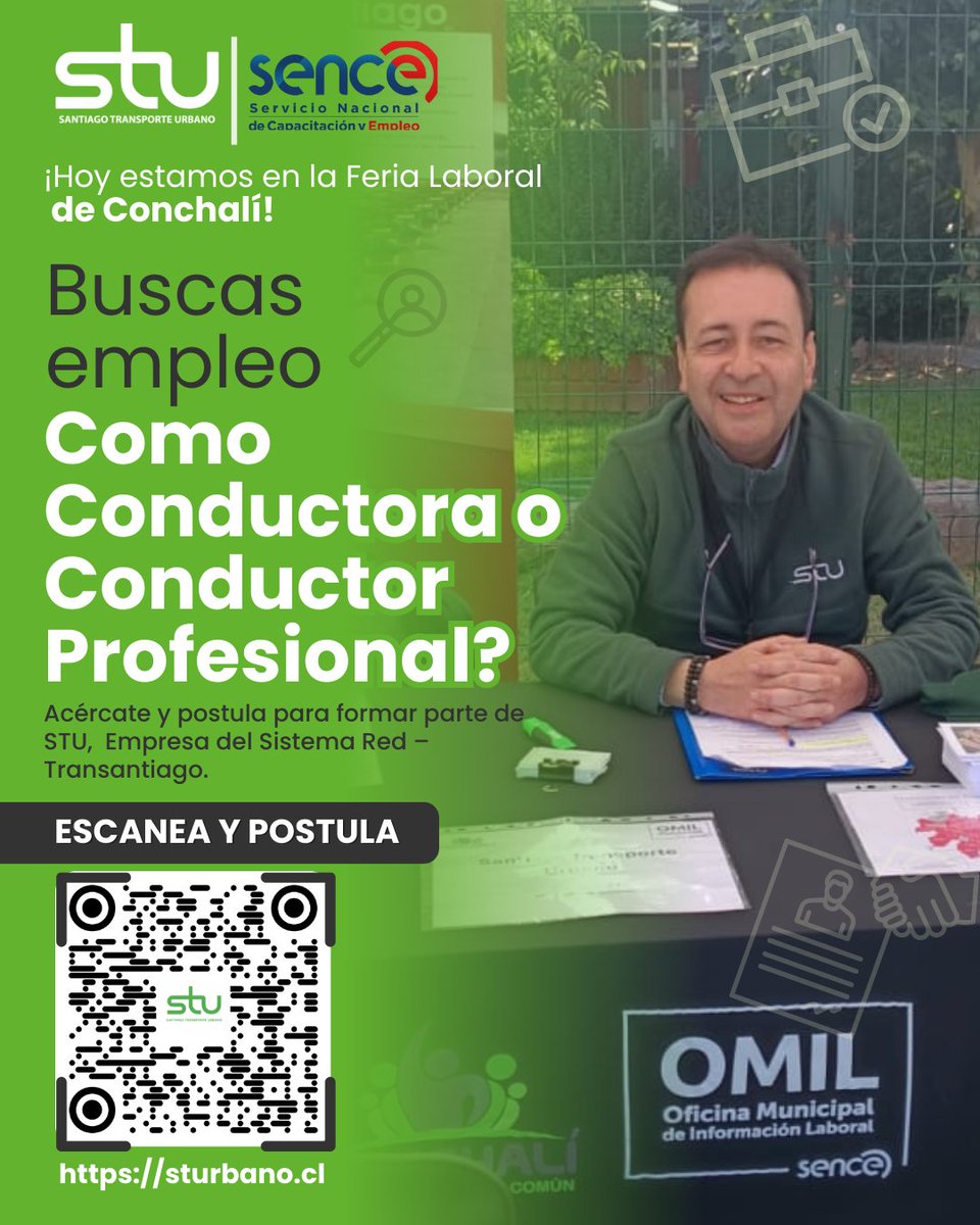 🚍 Estamos en la Feria Laboral de Conchalí. Postula como conductora o conductor profesional y únete a STU, parte de Red. Escanea y postula en sturbano.cl #STU #electromovilidad #busesred #buseselectricos #redmovilidad