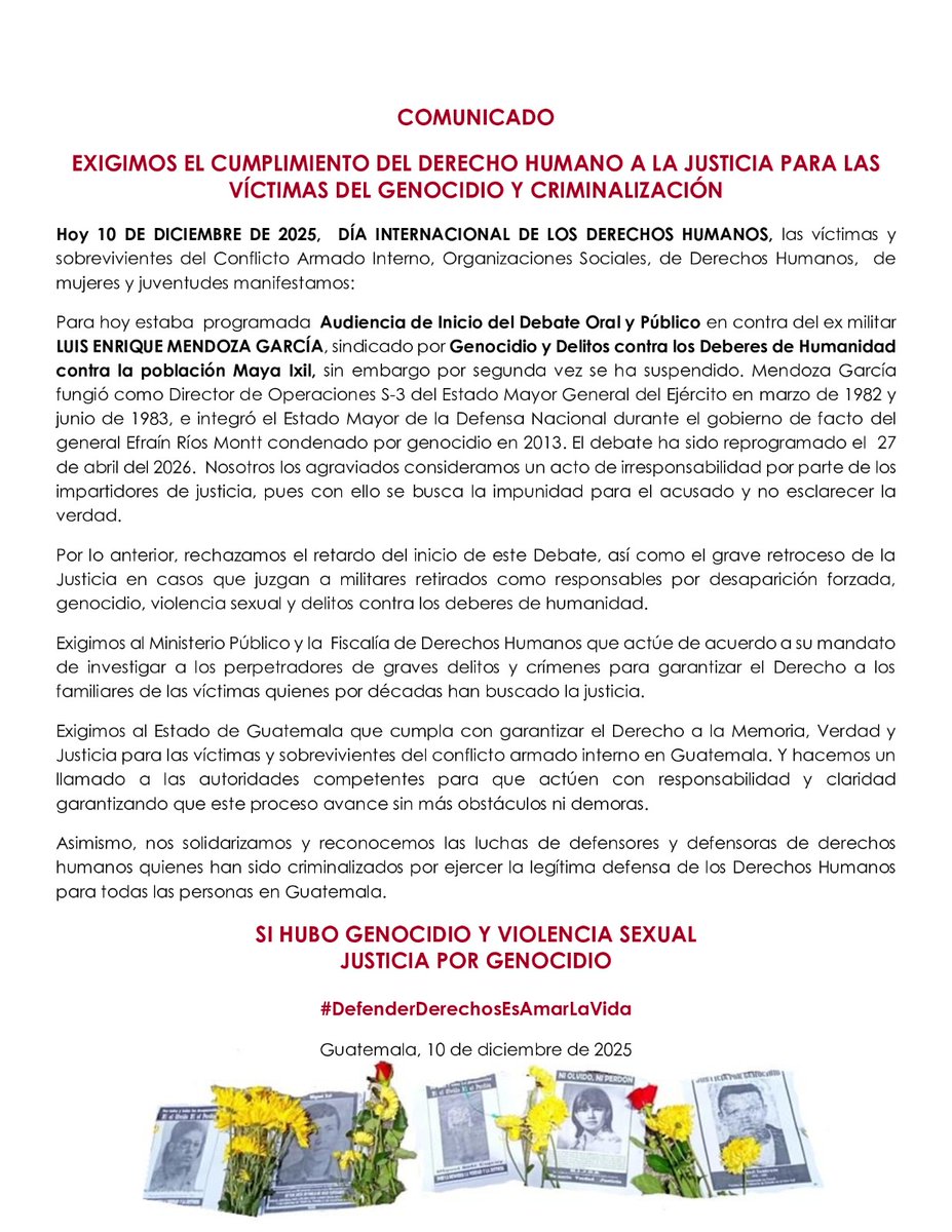 #10DeDiciembre  Comunicado Exigimos el Cumplimiento del Derecho Humano a la Justicia para las víctimas del genocidio.#SiHuboGenocidio