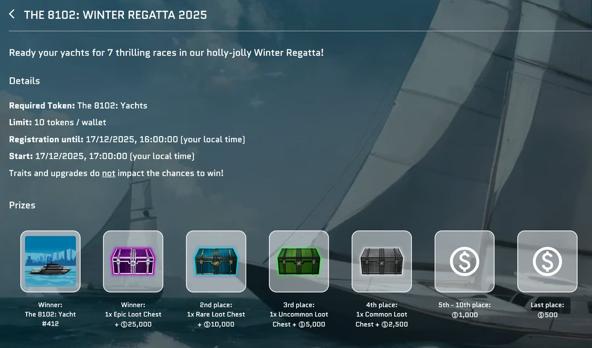 GM friends ☀️⛵️

Our Winter Regatta is open for registration! 👀

Deploy your yachts now so they can compete for NFT and in-game currency prizes!

Supply Runs and our daily advent calendar raffle are live as usual - today’s prize: 1x Yacht Mint Refund 🎁