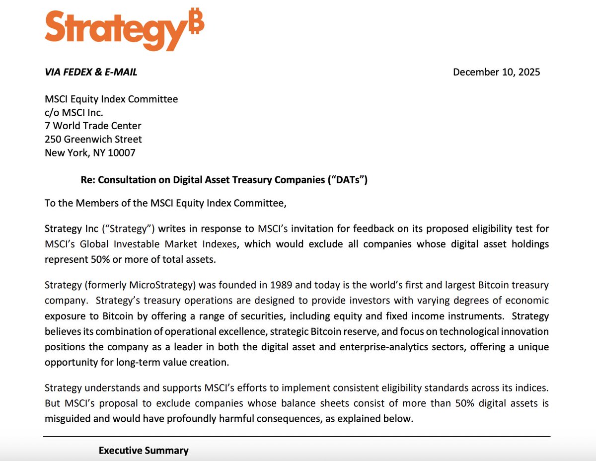 Cointelegraph's tweet photo. ⚡️UPDATE: Strategy has submitted its response to MSCI’s digital-asset treasury consultation, calling for neutral and consistent index standards. https://t.co/aR6zvFmylk