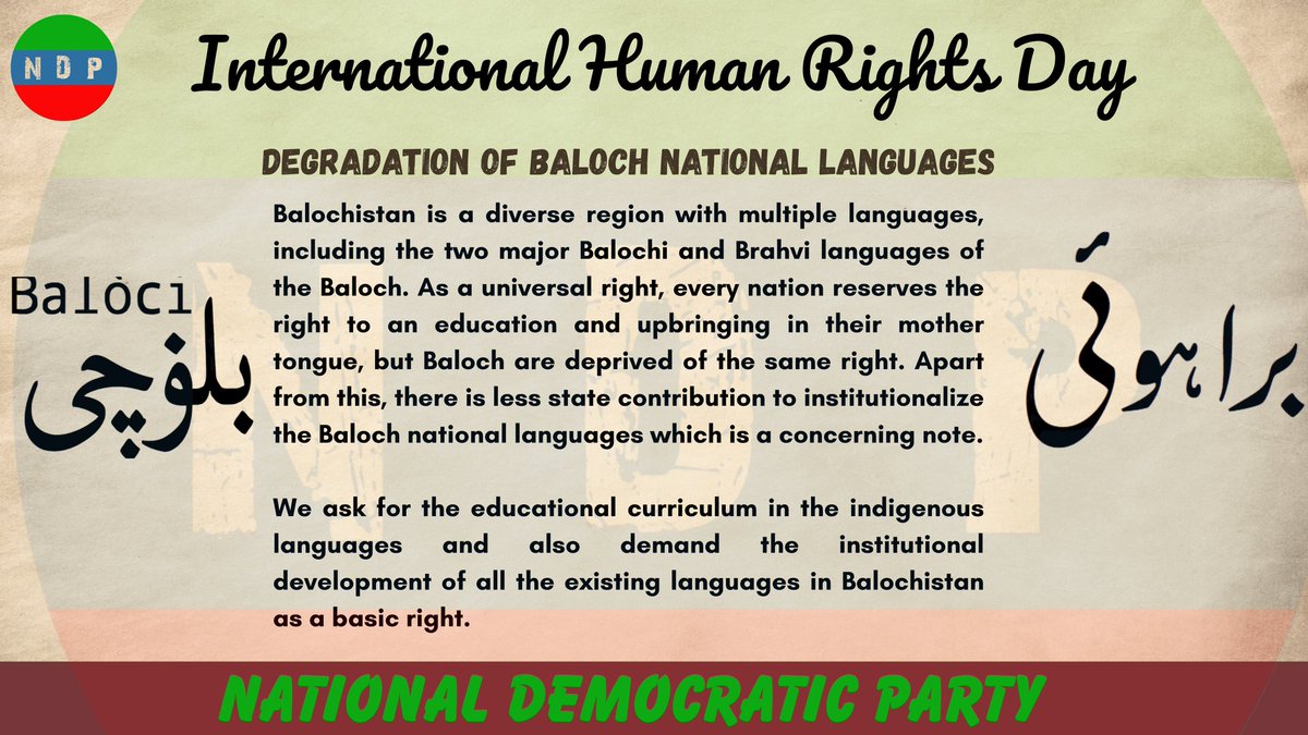Balochistan’s story is filled with multidimensional human rights violations. Few accounts of the ongoing indigenous people’s rights abuses include the below: Education and health, infrastructure and Baloch national languages.

#InternationalHumanRightsDay2025 
#Balochistan