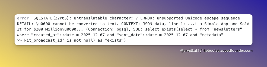 Ufa, minha newsletter https://t.co/pUqGI7kwYe não foi enviada nos últimos dias por causa desse estranho erro no PostgreS