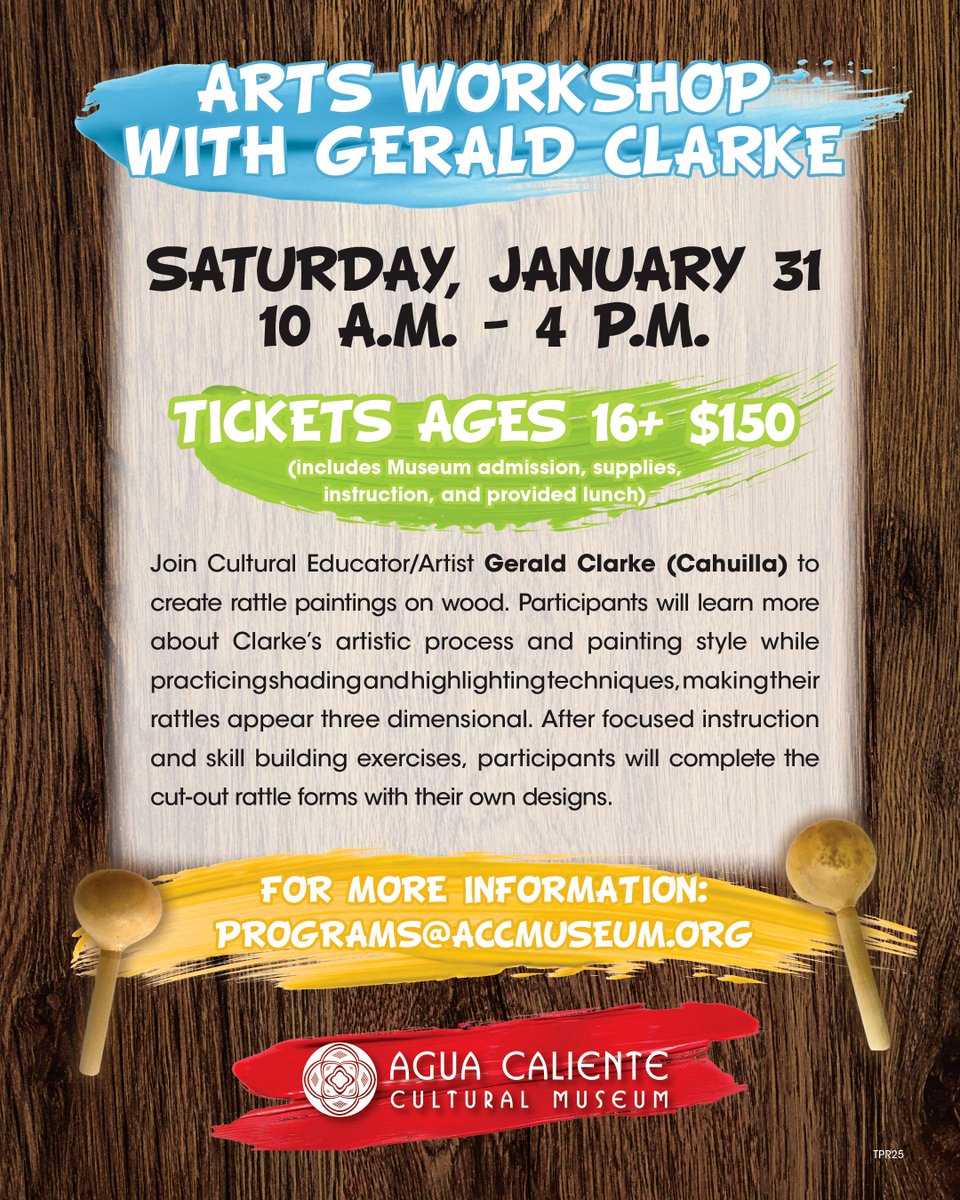 Join artist Gerald Clarke on Jan 31 for a hands-on workshop at Agua Caliente Cultural Museum! Create your own rattle painting! 🎟️ Ages 16+ | $150 includes lunch &amp; admission. #ACBCI #AguaCaliente #AguaCalienteCulturalMuseum