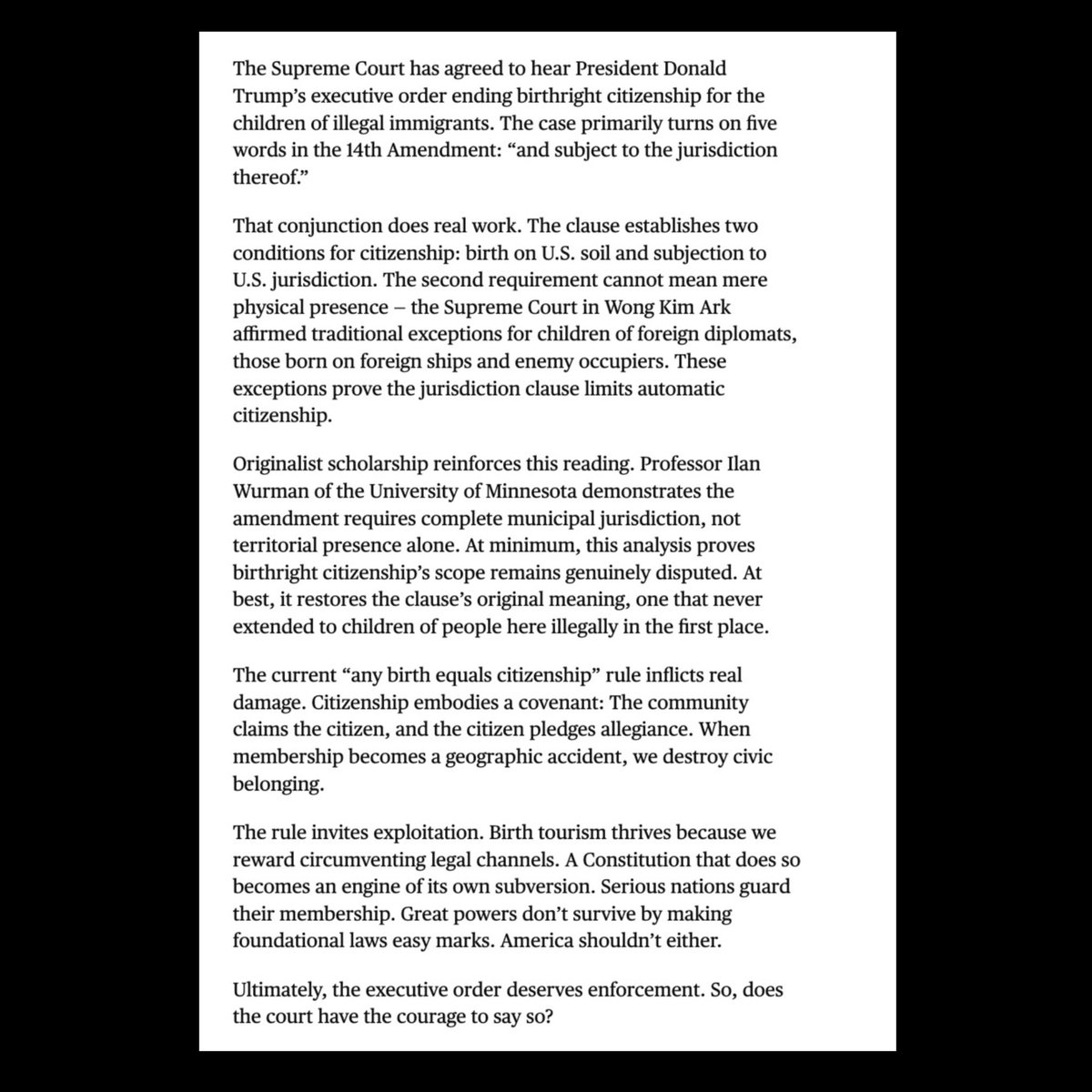 My new op-ed in <a href="/StarTribune/">The Minnesota Star Tribune</a> defending the President's Birthright Citizenship EO!

Two points: 
1. This is likely one of the most concise pieces on the subject
2. Given (1), be sure to read the great scholarship by <a href="/ilan_wurman/">Ilan Wurman</a> (cited), <a href="/kurtlash1/">kurt lash</a>, @RandyEBarnet, and <a href="/AmySwearer/">Amy Swearer</a>
