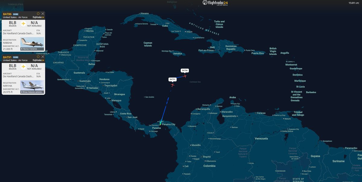 AirAssets's tweet photo. The BAT Flights must have gotten a new mission directive to work inside of the Caribbean. Both planes are airborne north of Cartagena South of Jamaica
#BAT91 #BAT86 #DASH8 #DHC8 #DH8B
#N986HA #N991HA https://t.co/aOgjTosemo