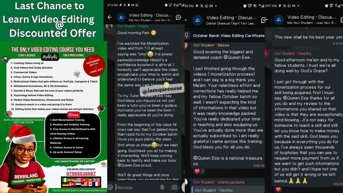 iamqueenese's tweet photo. FINAL CALL; If you’ve ever prayed for one skill that will open your eyes, open your mind, and open your bank account… this is it.

What My Students Are Saying:
⭐ “The monetization class is mind-blowing!”
⭐ “I gained more than I paid for.”
⭐ “You didn’t hide anything from us.”
The screenshots attached speak for themselves.

Why Join the December Batch?
🔥 Last discounted offer
🔥 Lifetime access to materials
🔥 Perfect for beginners
🔥 Phone or laptop friendly

Start Your Video Editing Journey Now.
Start Your Income Journey.
Click the Link to Register Now
👇👇👇👇👇👇👇👇👇
https://t.co/Loxs6Fmslr