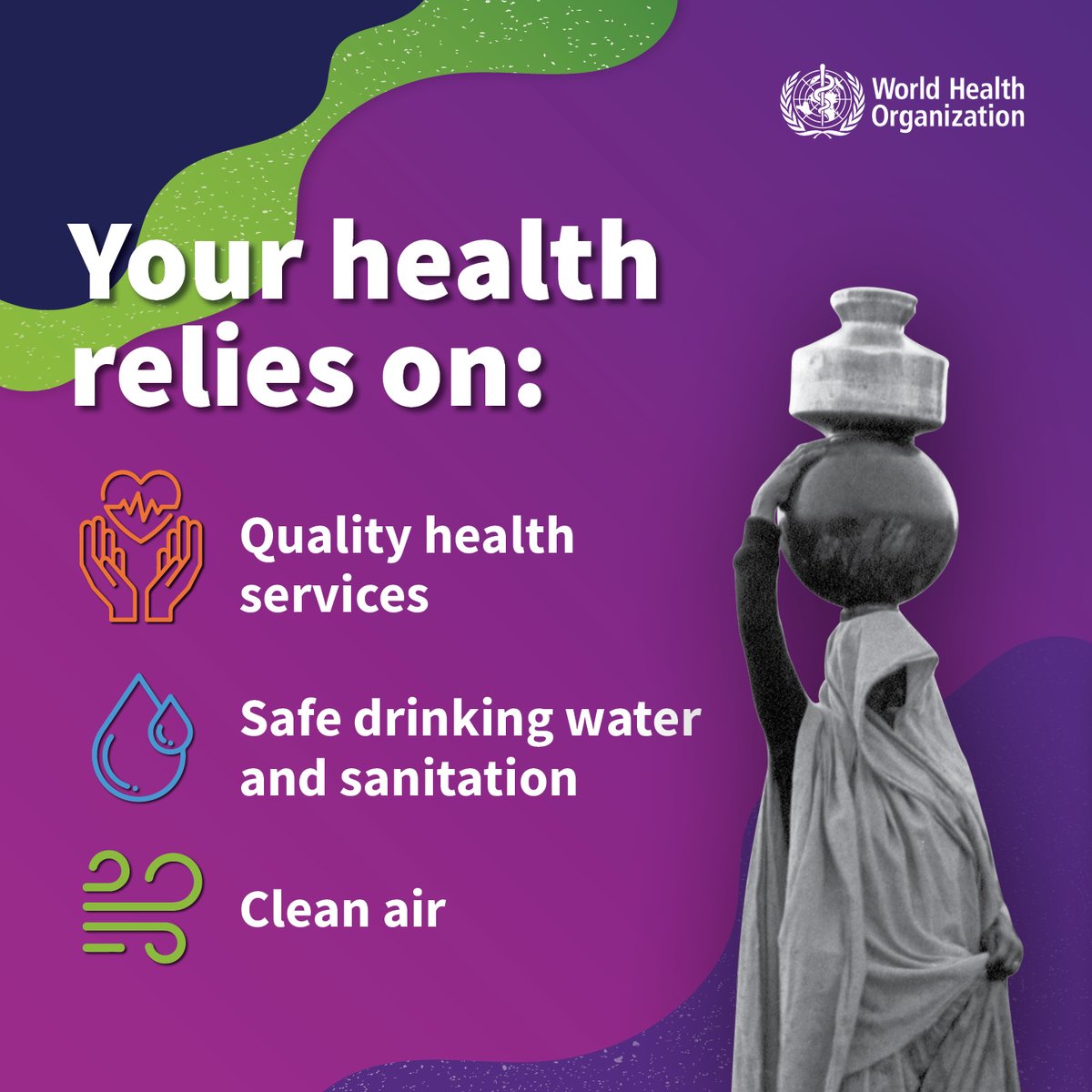 WHO's tweet image. Health is included as a human right in 140 national constitutions, yet billions are still denied this right in practice.

Clean air, safe health services, bodily autonomy, informed consent and freedom from violence all shape our health and well-being.

Let's stand up for our…