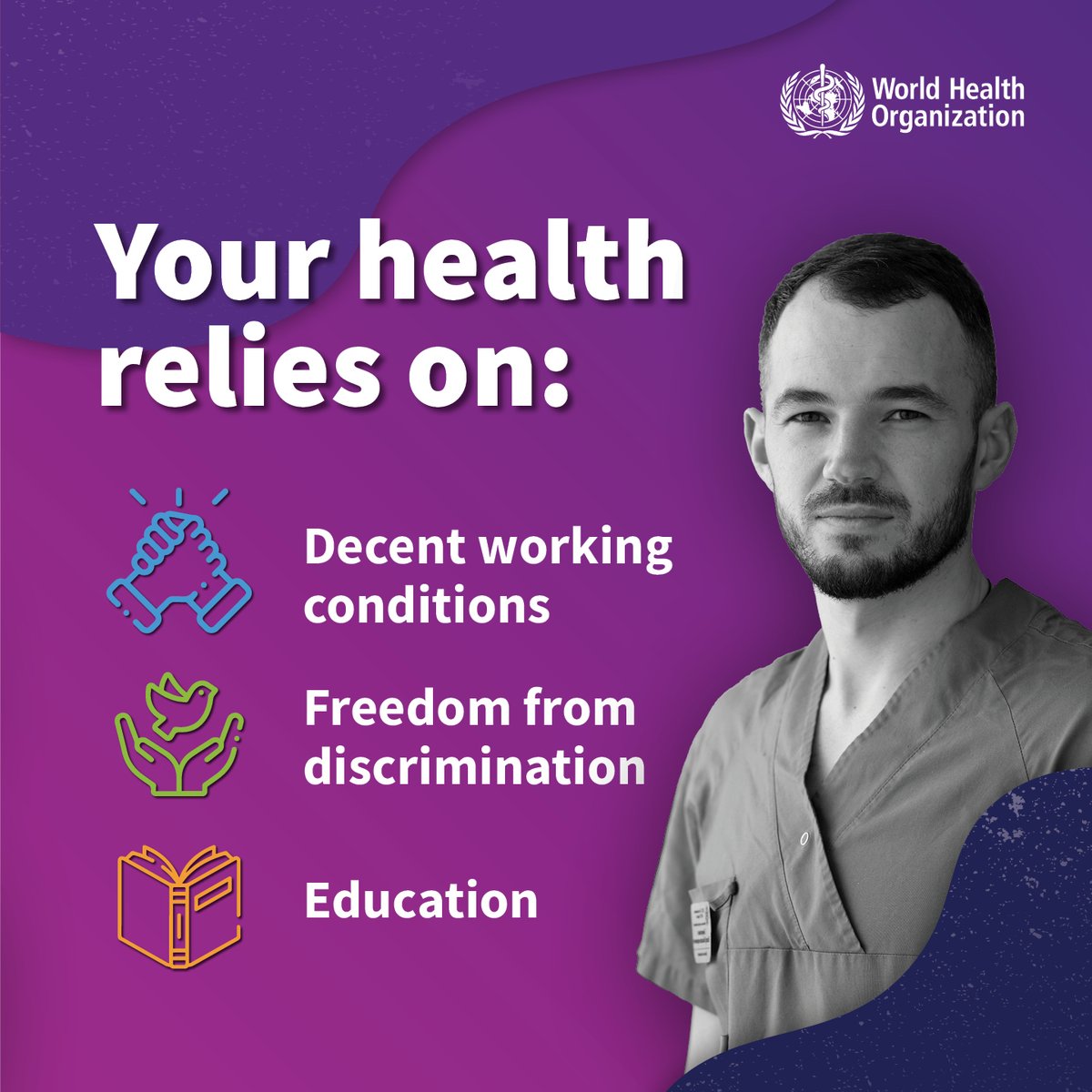 WHO's tweet image. Health is included as a human right in 140 national constitutions, yet billions are still denied this right in practice.

Clean air, safe health services, bodily autonomy, informed consent and freedom from violence all shape our health and well-being.

Let's stand up for our…