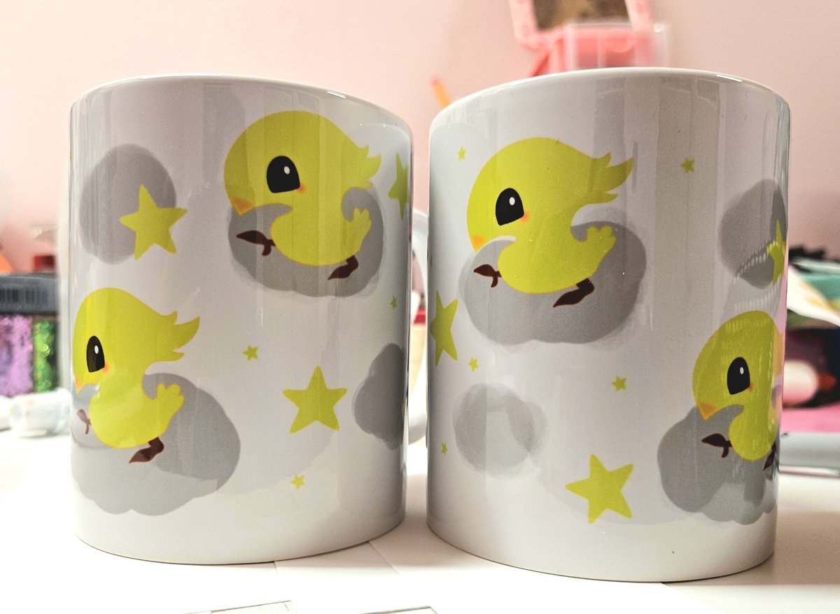 Prototypes of some very long-awaited mugs! I didn't realize how saturated my yellow is until after the press but I'm actually super impressed of my printer. Stay tuned for more updates!  🐤⭐️

#FFXIV #FinalFantasyXIV #FFXIV