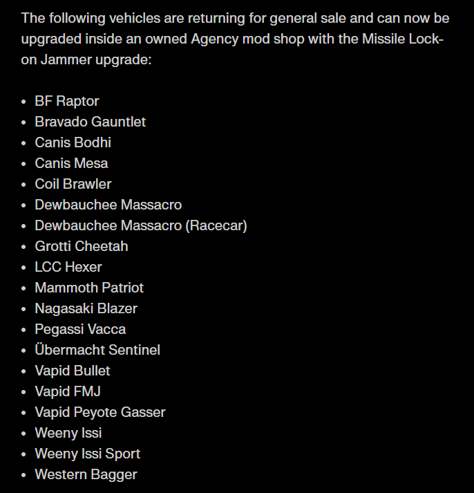 Vehicles returning to sale and can be upgraded with a Missile Lock-on Jammer
#GTAOnline