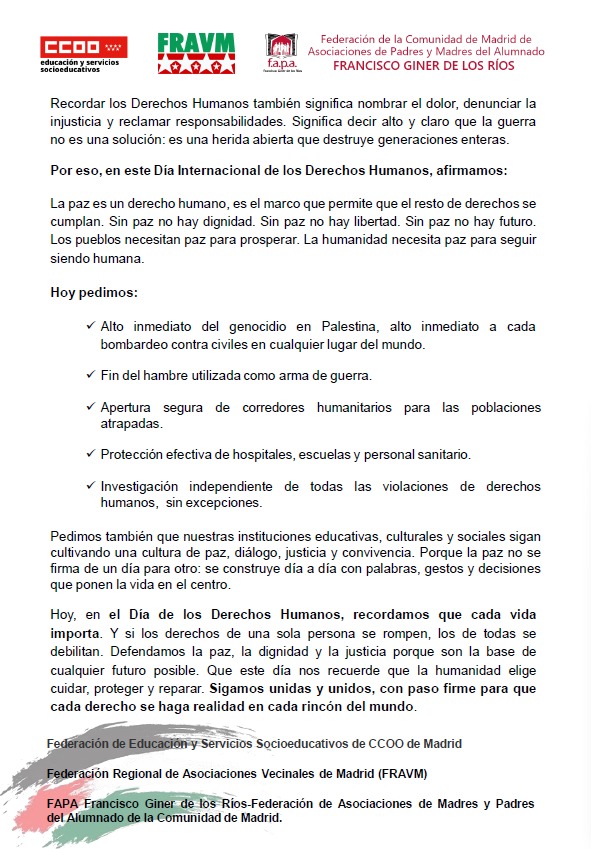 #DíaInternacionaldelosDerechosHumanos

➡️ Que este día nos recuerde que la humanidad elige cuidar,proteger y reparar. 
Sigamos unid@s, con paso firme para que cada derecho se haga realidad en cada rincón del mundo 🫂

<a href="/FRAVM/">Federación Vecinal de Madrid</a> <a href="/CCOOEducaMa/">Educación CCOO Madrid</a>

Manifiesto 👇
fapaginerdelosrios.org/documentos?Ent…