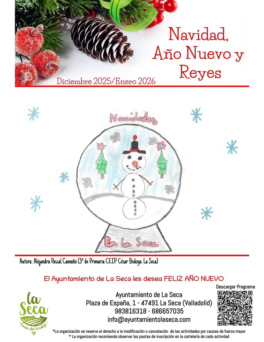 NAVIDAD, AÑO NUEVO Y REYES EN LA SECA
Disponible el programa de actividades que permitirán disfrutar de estos días en convivencia. Ver programa: goo.su/S05TS
Enhorabuena a Simón Gómez y Alejandra Pascal, alumnos del CEIP César Bedoya, autores de las creatividades