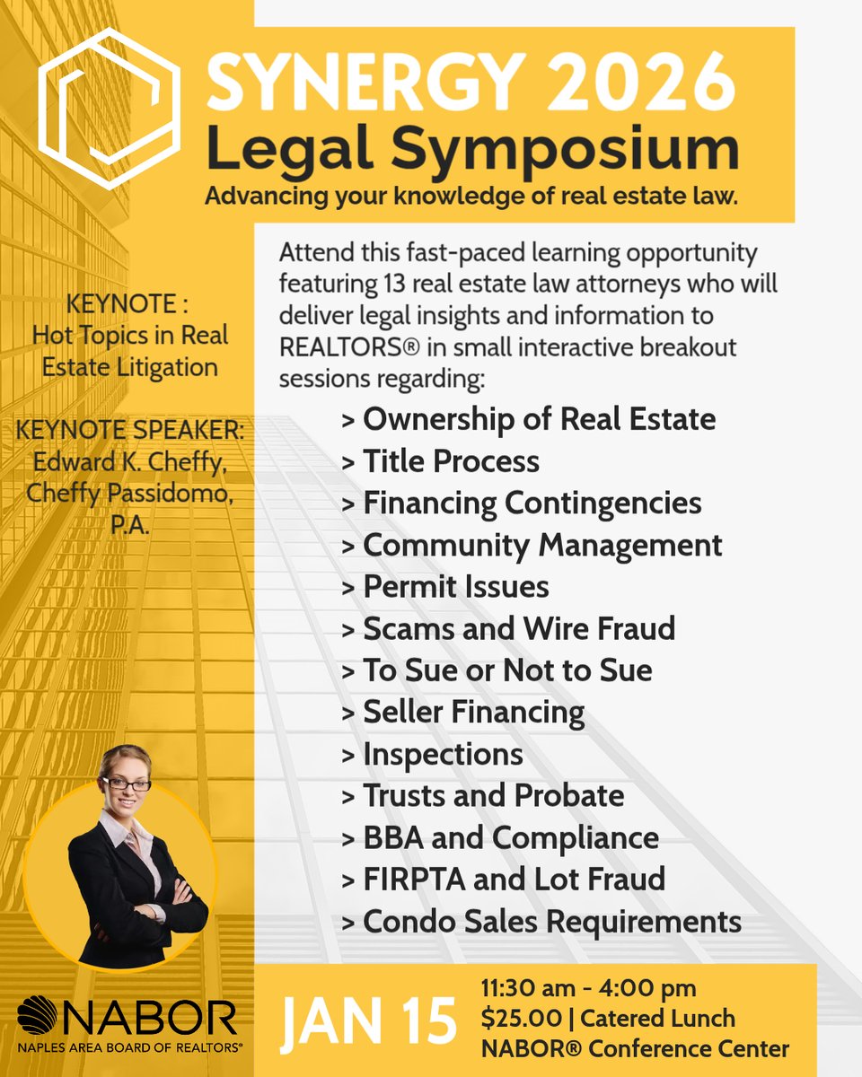 SYNERGY 2026: Legal Symposium — Advancing Your Real Estate Law Knowledge

Join us for a fast-paced, high-impact learning experience featuring 13 real estate law attorneys delivering essential legal insights through small, interactive breakout sessions.