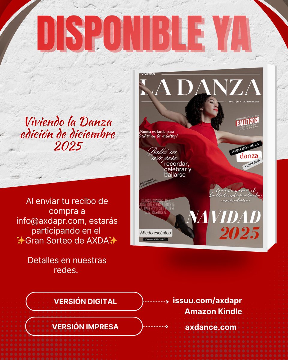 Ya disponible la nueva edición de Viviendo la Danza✨

Al enviar tu recibo de compra a info@axdapr.com, estarás participando del Gran Sorteo de AXDA, en el que te podrías ganar dos boletos para nuestra próxima producción en CBA Santurce, Estrella en el Exilio 🎟️

¿Tienes la tuya?