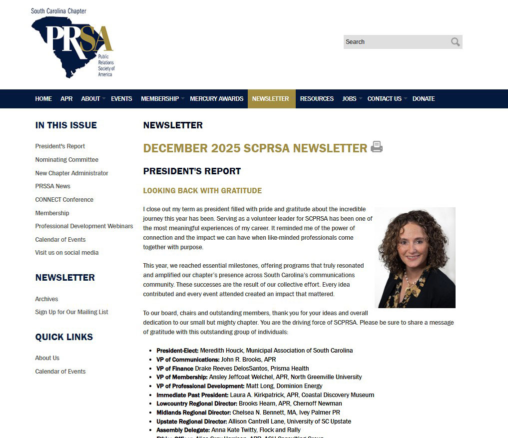 Check out our December 2025 newsletter: Our president reflects on 2025, the voting process for our 2026 board, our new chapter administrator, plus the 2026 PRSSA South District Conference at USC and  membership promotions this month! See scprsa.org/news.php #newsletter