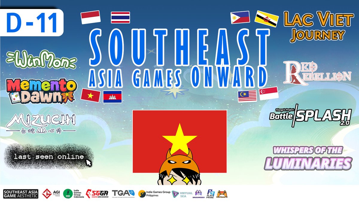 DyxaGaming's tweet image. D-11 of SEAGO 2025!! Today we will play games by Vietnam Devs, which are:
- Winmon
- Red Rebellion
- Mizuchi
- Memento Dawn
- Trianga's Project
- Lac Viet Journey
- Last Seen Online
- Whispers of the Luminaries
Watch here: youtube.com/live/g2HVhQGav…
#SEAGO2025 #Day10 #StreamEveryday