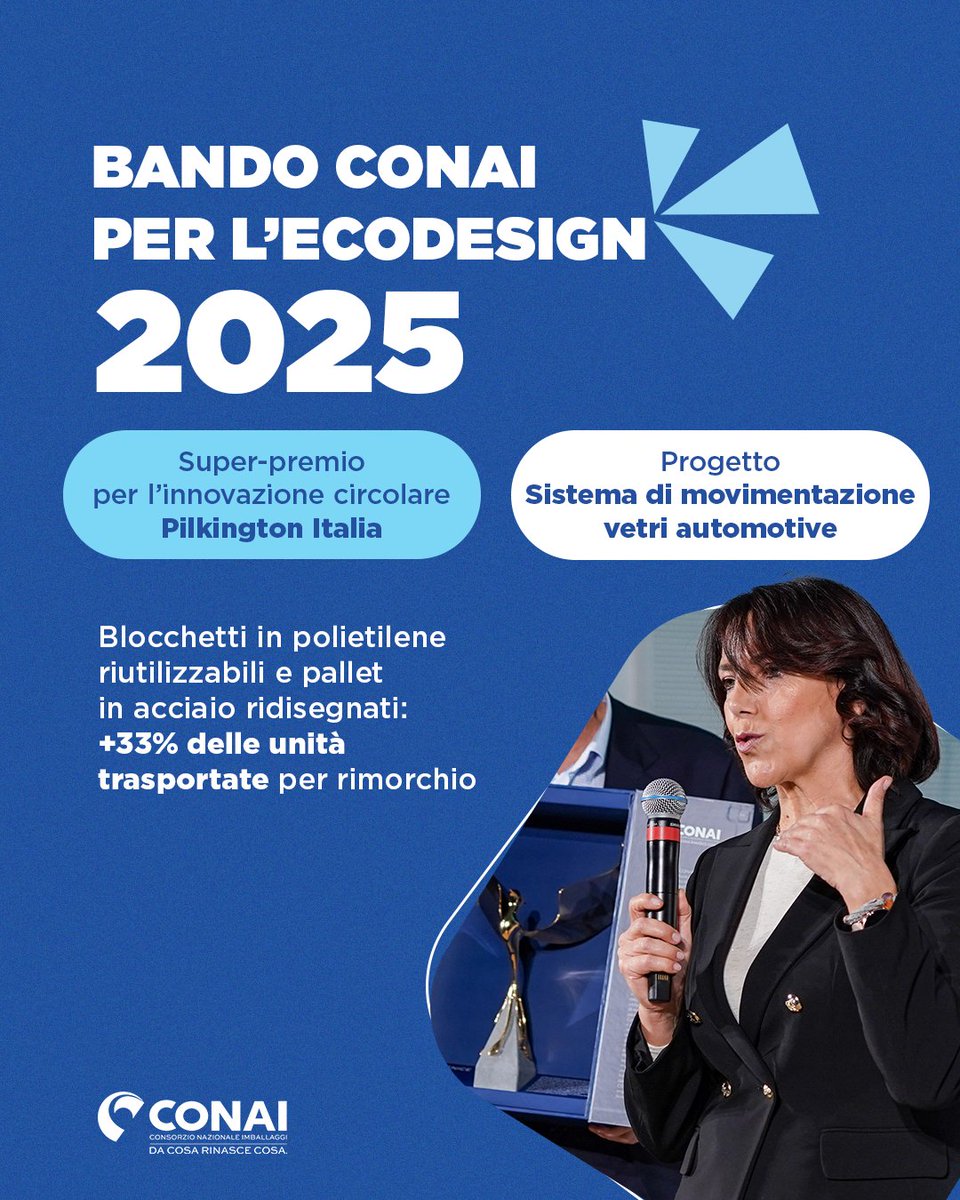 🏆 #Ecopack Bando CONAI per l’Ecodesign degli Imballaggi 2025

♻️Tra i premiati il 20 novembre c'è Pilkington Italia, per aver ripensato il sistema di movimentazione dei vetri automotive secondo la logica “use, return, repeat”.

Scopri tutti i vincitori: conai.org/notizie/ecopac…