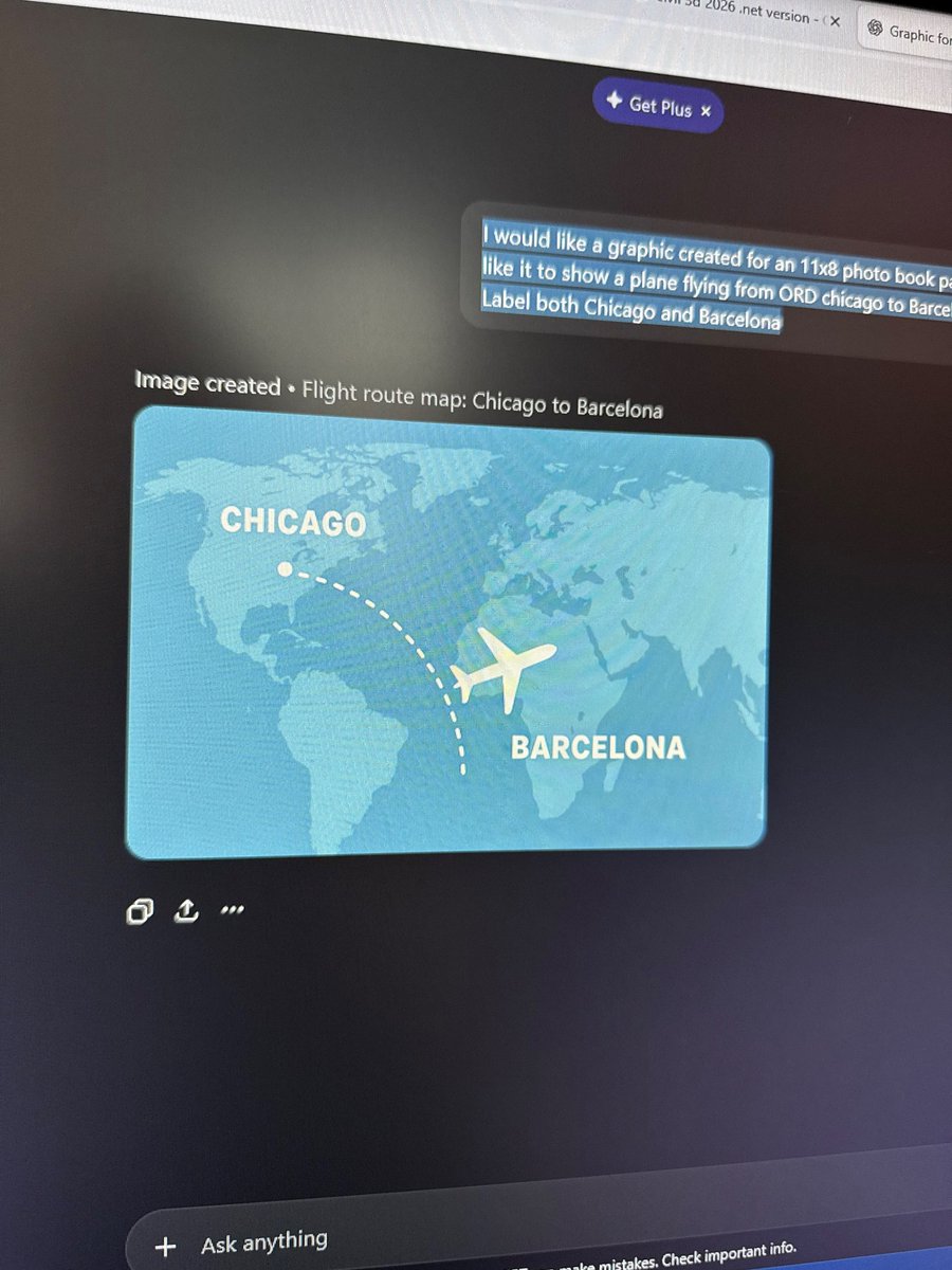 hillste0616's tweet photo. Good news! AI won’t take over our jobs anytime soon. I simply asked for a graphic of a plane flying from Chicago to Barcelona. Both @GeminiApp and @ChatGPTapp did terrible! https://t.co/MwQT82lZB9