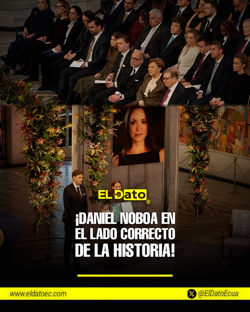 #Urgente ¡Daniel Noboa en el lado correcto de la historia!

La presencia del presidente Daniel Noboa en la ceremonia del Premio Nobel de la Paz otorgado a María Corina Machado marcará un punto de inflexión en la diplomacia regional, Ecuador se alinea abiertamente con la defensa