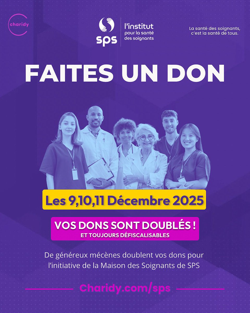 🎉 SPS - lance une grande mobilisation nationale 

🗓 𝗟𝗲𝘀 𝟵, 𝟭𝟬 𝗲𝘁 𝟭𝟭 𝗱é𝗰𝗲𝗺𝗯𝗿𝗲 𝟮𝟬𝟮𝟱 

🔗 charidy.com/SPS

#soignantsgrandecause #santé #étudiantsensanté #soignants #santémentale #préventionsanté #maisondessoignants #appelauxdons #solidarité
