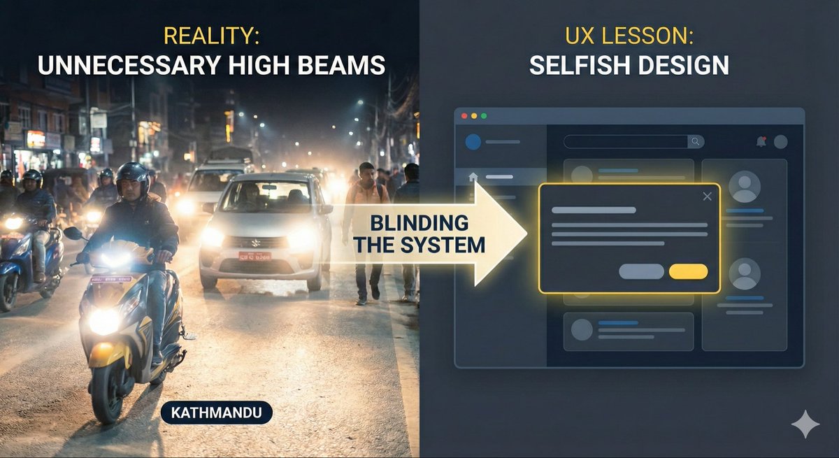 sarooooj's tweet photo. The Lesson: Don't just design for the one person "driving" the app. Design for the traffic. 🤝

Is this an issue in your city, or is Kathmandu unique in this struggle? Let me know in the comments! 👇

#UXDesign #Kathmandu #Nepal #SystemsThinking #Empathy #Traffic #DesignLife https://t.co/QFS2pHYQvQ