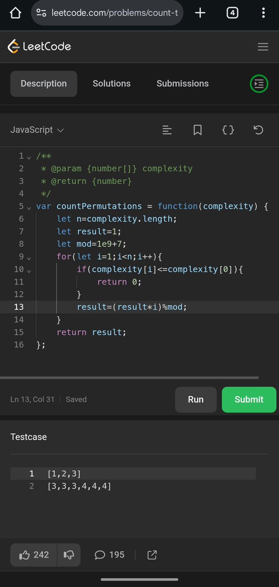Pratikshak19332's tweet image. 🔥 434 Days of @LeetCode #POTD!

🧠 Approach

* If any later value ≤ first value → answer is 0.
* Otherwise, result = factorial of (n–1) under modulo.

#LeetCode #JavaScript 🚀