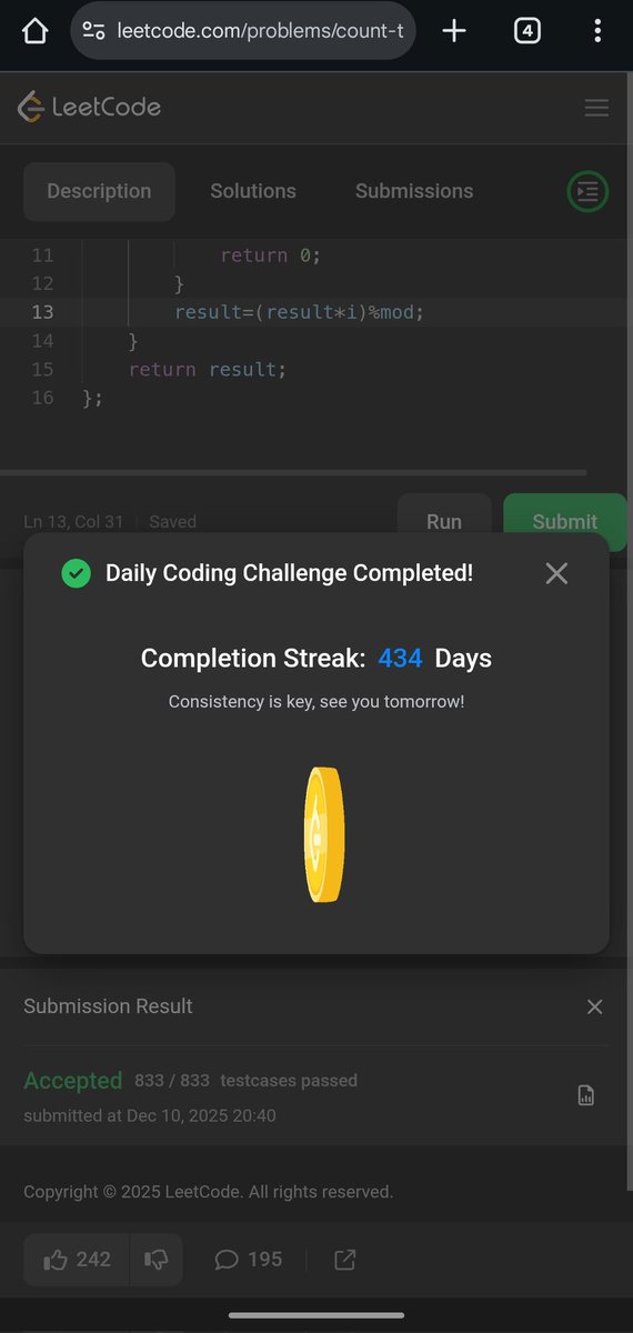 Pratikshak19332's tweet image. 🔥 434 Days of @LeetCode #POTD!

🧠 Approach

* If any later value ≤ first value → answer is 0.
* Otherwise, result = factorial of (n–1) under modulo.

#LeetCode #JavaScript 🚀