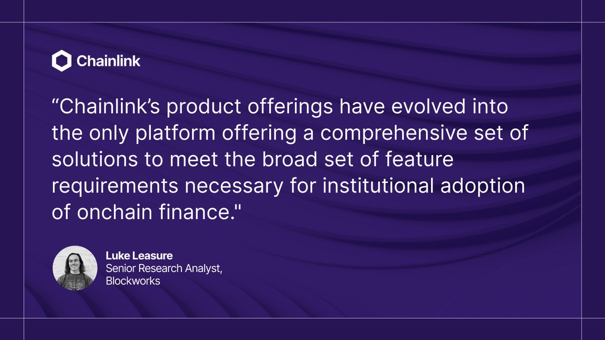 Tokenization is driving the next wave of onchain institutional adoption. In  this new @blockworksres report, Chainlink is recognized as the only  platform powering the data, interop, compliance, & privacy standards that  unlock