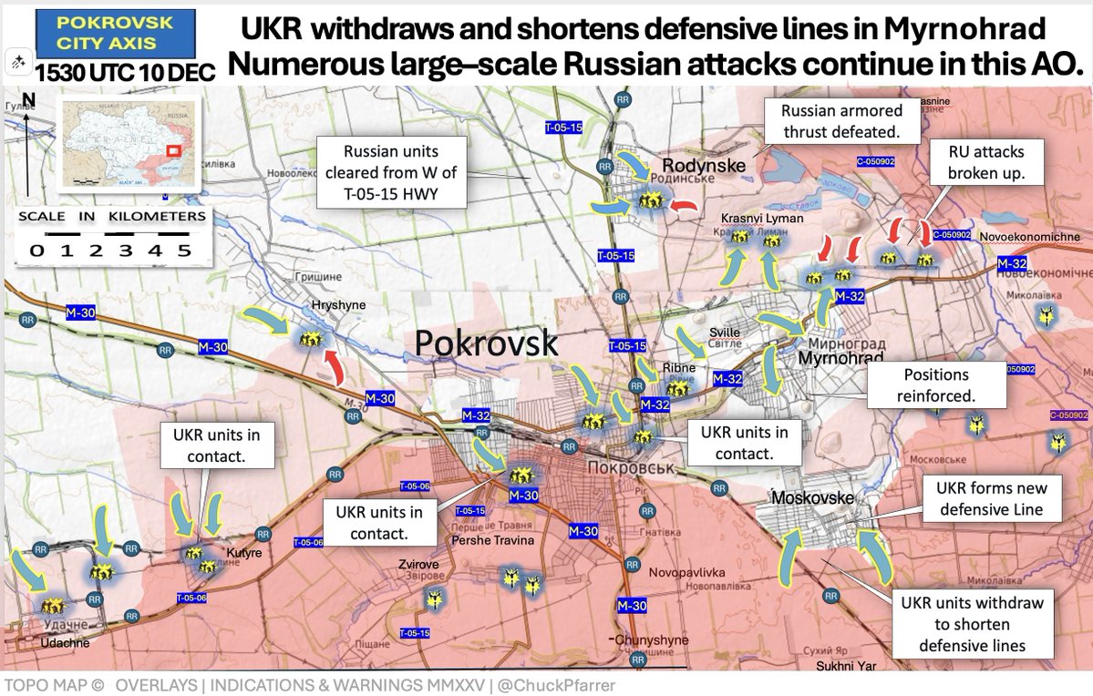POKROVSK:  In late NOV to early DEC 2025, Ukrainian forces began a deliberate series of retrograde operations to withdraw from the southern salient southeast of Pokrovsk, near settlements such as Shevchenko and Trypillia. 
     This maneuver involved disengaging from entrenched