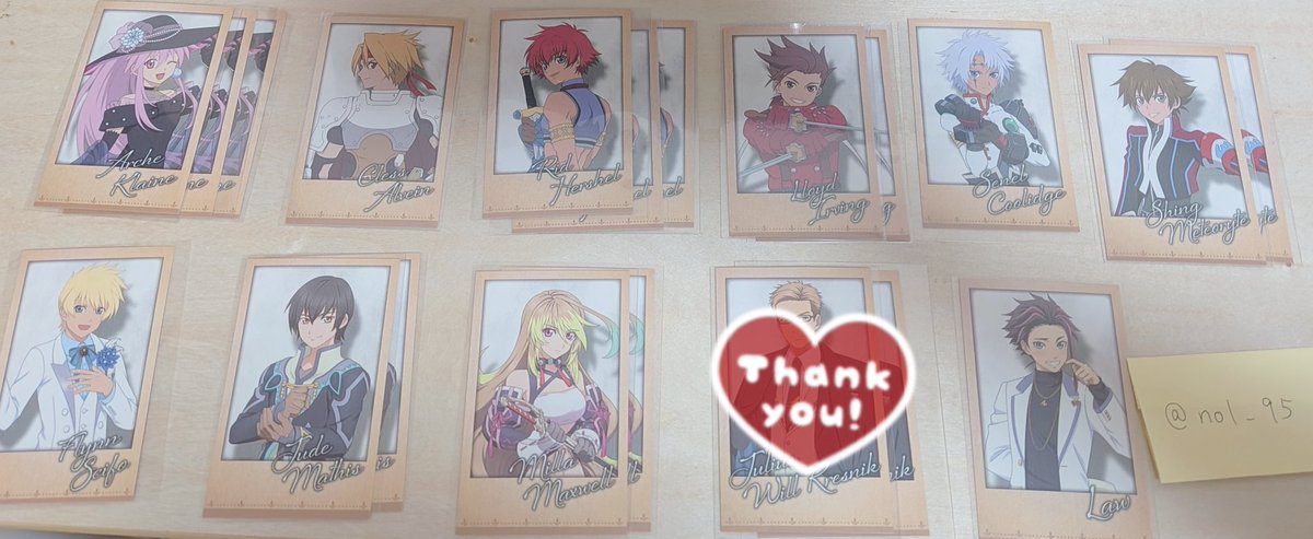 nol_95's tweet photo. 【交換 譲渡】
テイルズ 30周年展 30th 推しパシャ
譲→ アーチェ3 クレス リッド3 ★ロイド2 セネル シング2 ★フレン ジュード2 ミラ2 ★ロウ
求→ アルヴィン or 定価＋送料

郵送のみ
譲渡は★付き以外のみ
アルヴィンは買取も行っております。
検索からもお気軽にお声掛けください。 https://t.co/um4Kj1Htak