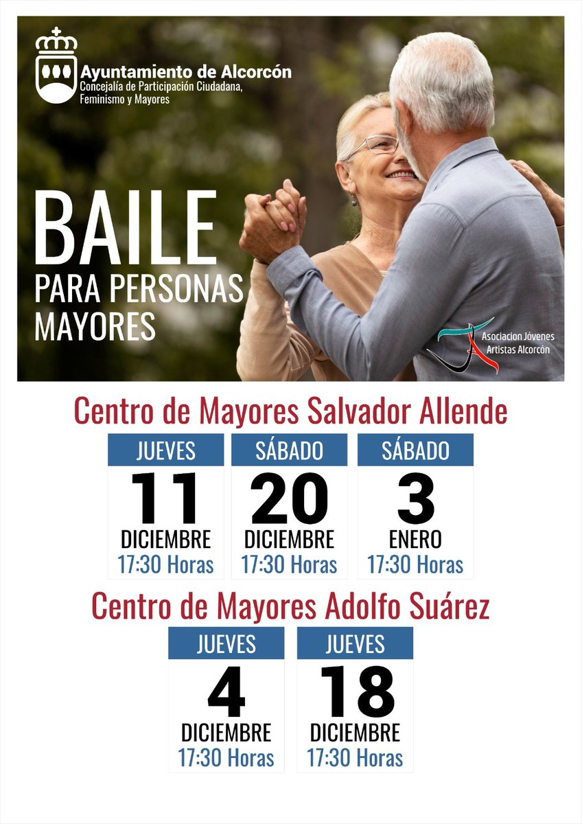 Mañana 👉 jueves 11, en el centro de mayores Salvador Allende, os esperamos para disfrutar de una nueva tarde de baile.

>>> Baile para personas mayores

🗓️Jueves 11 de diciembre, 17:30 h
📍 Centro de Mayores Salvador Allende

Aquí te dejamos las próximas fechas👇👇