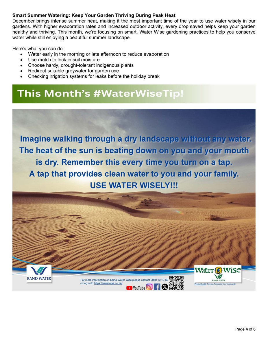 The December issue of the "Water Wise Watch" newsletter is available for your enjoyment.
#WaterWise #RandWater