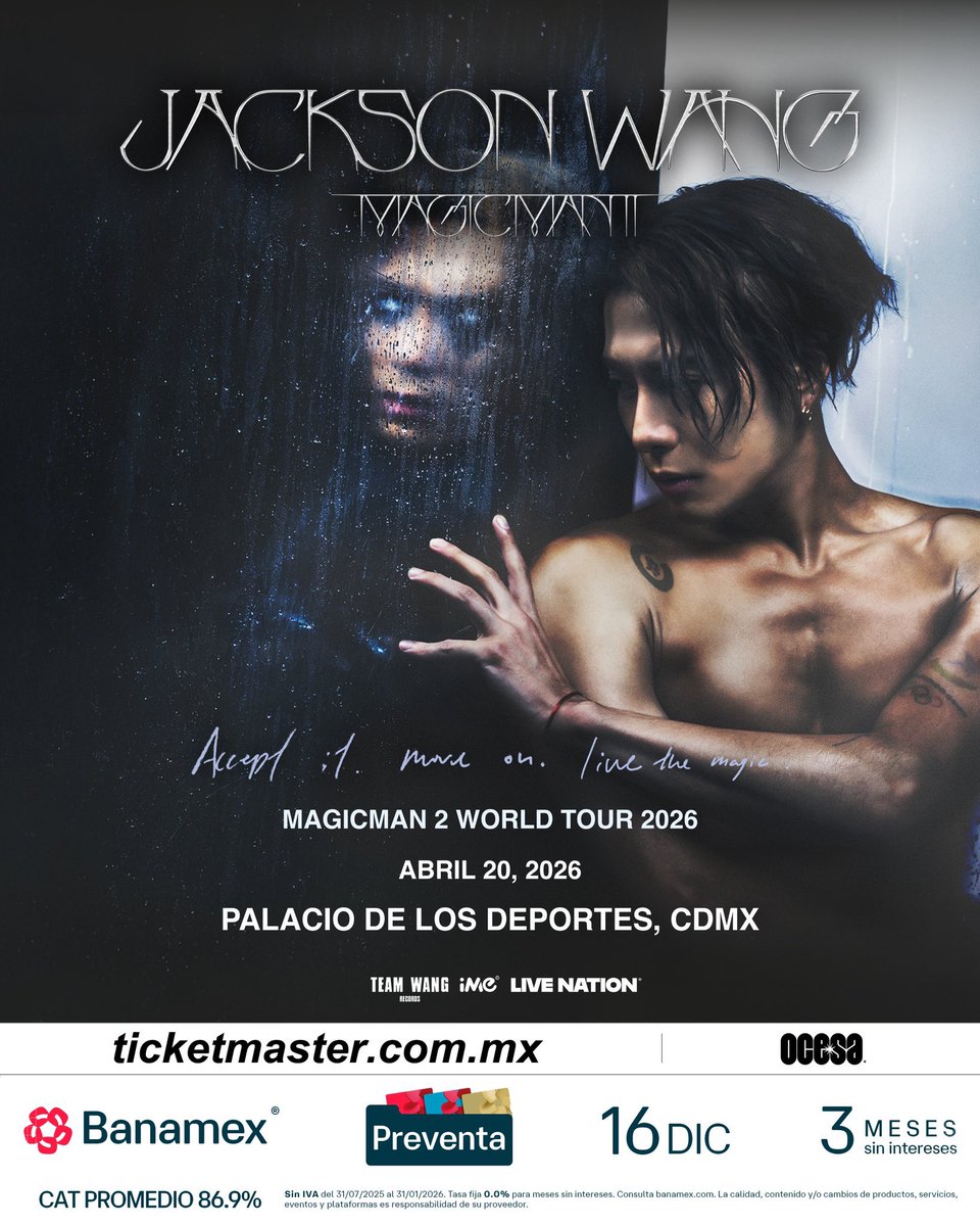 ailoviutl's tweet photo. 🚨 ANUNCIO OFICIAL 🚨

JACKSON WANG 🎧 MAGICMAN 2 TOUR
🗓️ Lunes 20 de Abril del 2026 🗓️
🏟️ Palacio de los Deportes 🏟️
📍 CDMX📍 🇲🇽 México 🇲🇽

💳 Fechas de Preventas 💳

Venta Beyond: 12 de Diciembre 9:00 AM*
Preventa Priority: 15 de Diciembre 9:00 AM*
Preventa Banamex: 16 de Diciembre 11:00 AM
Venta General: 17 de Diciembre 11:00 AM

*Código Beyond y Códigos Priority + Links lo subiré en mi Stories para Suscriptores de mi https://t.co/ccAgcLOpK6 💜

🎟️ Precios de Boletos en Breve 🎟️

💲 Boletera: Ticketmaster 💲

🎫 Meses sin Intereses 🎫

3 MSI con tarjetas de Crédito Banamex a partir de $3,000 MXN

#Concert #Concierto #CDMX #México #Tour2025 #Tour2026 #WorldTour World #Tour2024 #Music #Música #Fest #Festival #LATAMTOUR #Ailoviutl #KPOP #Ocesa #Ticketmaster #MéxicoTour #Beyond #Priority #PalacioDeLosDeportes MAGIC MAN #MAGICMAN2WORLDTOUR CÓDIGO #JACKSONWANGWORLDTOUR #MAGICMAN2 #JACKSONWANG #王嘉爾 #잭슨 #iMe #JacksonWangxNumber_i #MAGICMANWORLDTOUR #MAGICMAN2