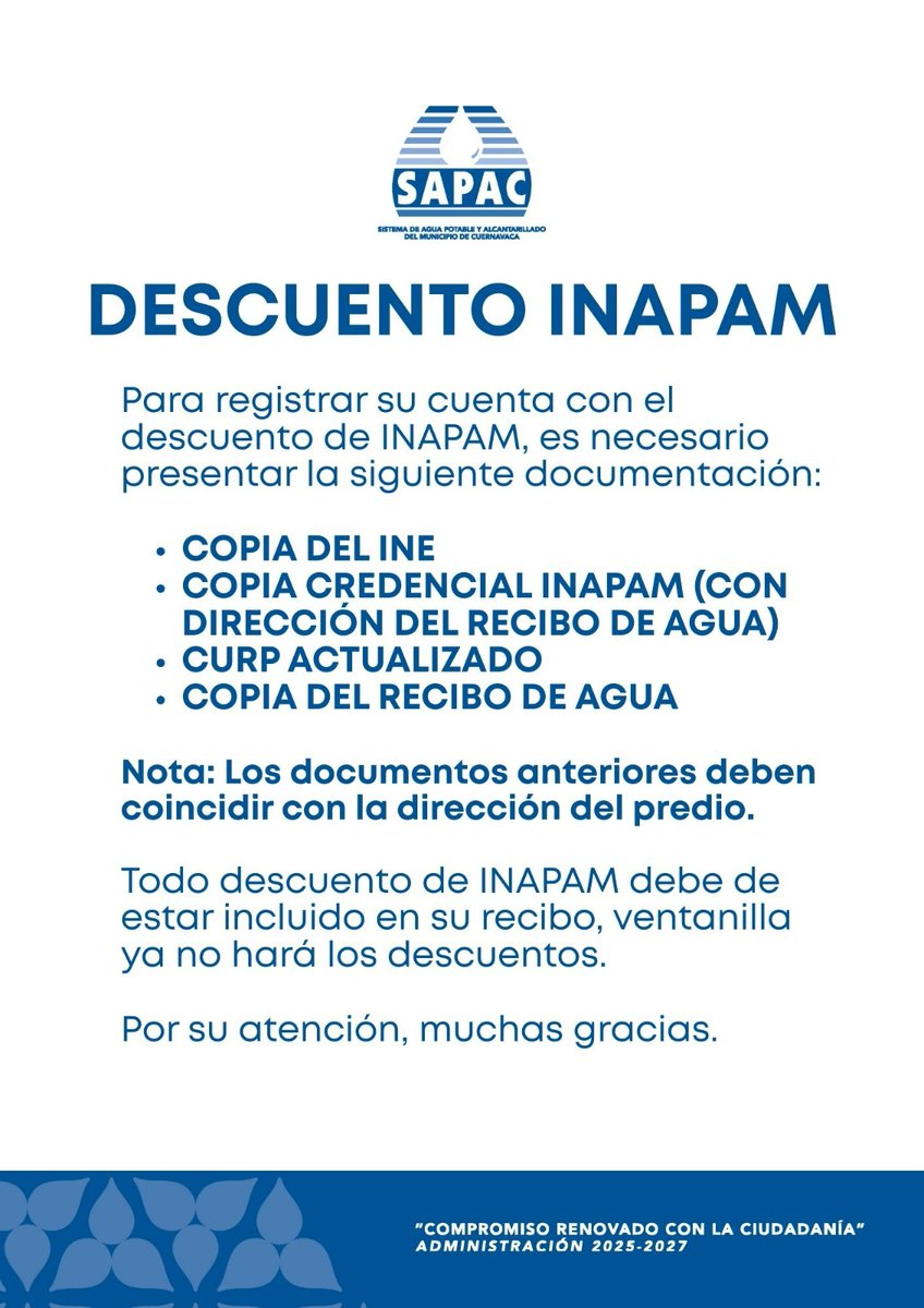 📢Actualiza tu descuento INAPAM, acércate a nuestras oficinas Centrales con los siguientes documentos:

📍Av. Morelos 166, Col Centro #Cuernavaca