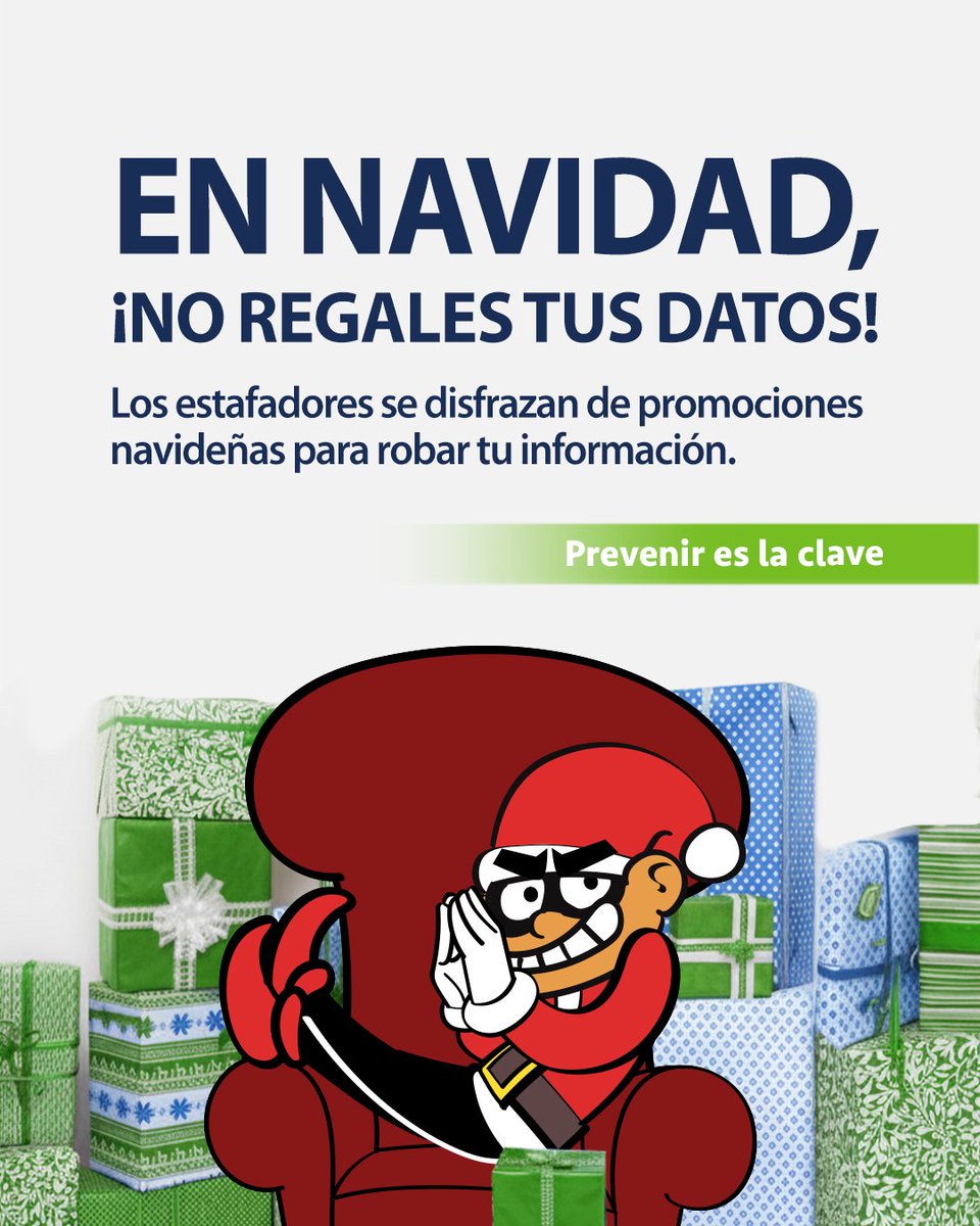 ¡Cuidado con los falsos regalos navideños!🎁🧐
En esta temporada, los estafadores se disfrazan de promociones para intentar robar tu información.

Protege tus datos: no compartas claves ni información personal por redes, correos o mensajes.🔐

#Phishing #BanplusContigo