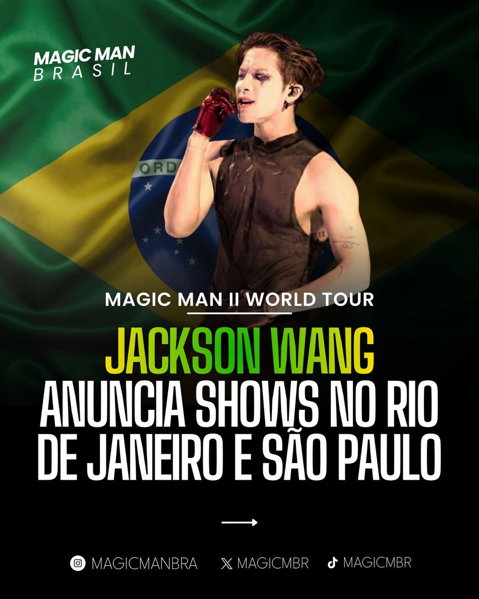 MagicMBR's tweet image. O BRASIL VENCEU (E MUITO)! 🇧🇷🔥

A espera acabou! Jackson Wang confirmou sua passagem pelo Brasil em ABRIL DE 2026 com shows exclusivos no Rio de Janeiro e em São Paulo!

O astro aterrissa em solo brasileiro para apresentar sua nova era de forma intimista e completa para os fãs.…