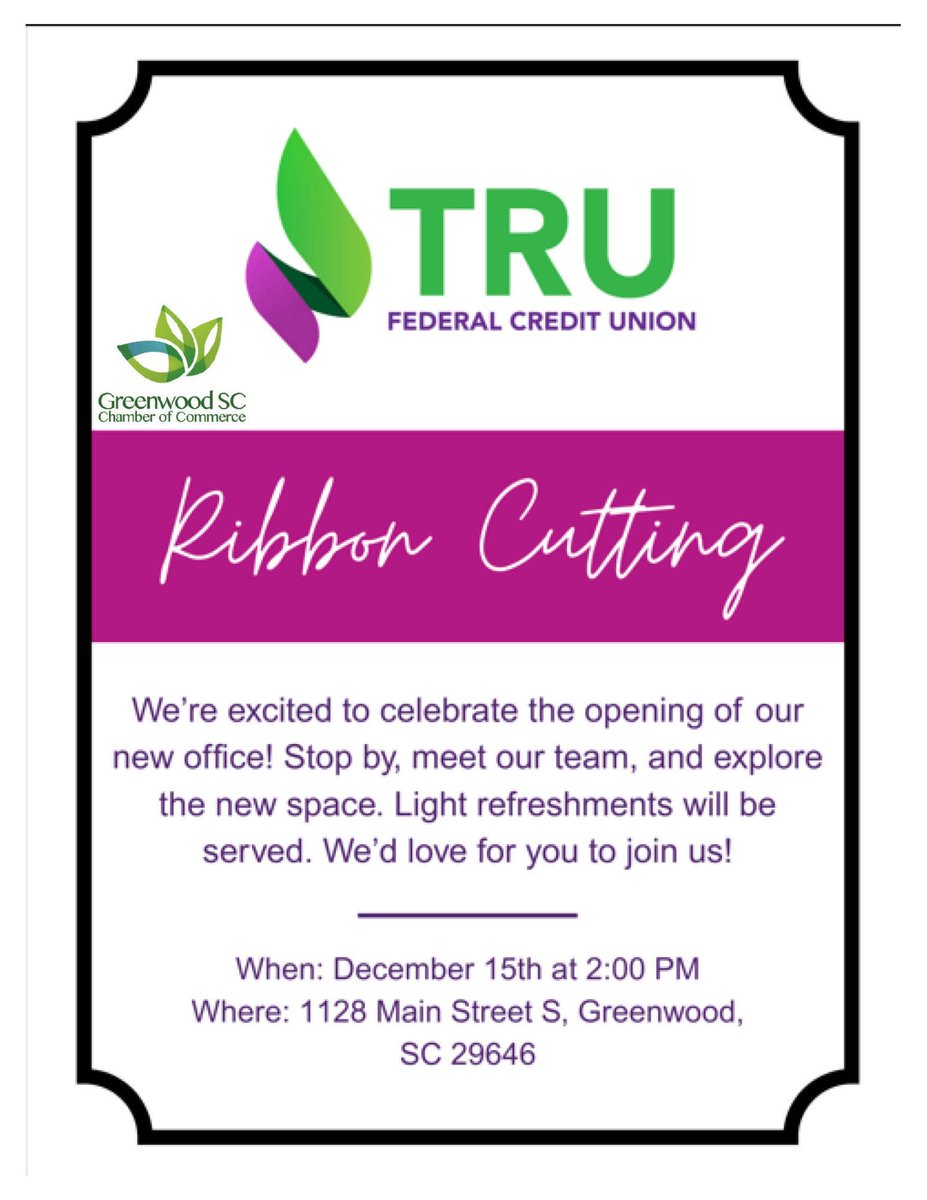 🎀 Ribbon Cutting this Monday!

Join us Dec 15 at 2 PM as we celebrate TRU Federal Credit Union’s new Greenwood office. Meet the team, tour the space &amp; enjoy light refreshments!

📍 1128 Main Street S, Greenwood
