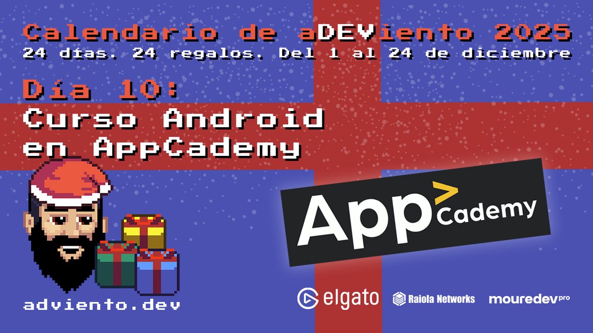 MoureDev's tweet image. 🎁 Comienza el día 10 del #aDEViento2025!
24 días. 24 regalos para aprender programación

🗓️ Día 10: Curso de desarrollo Android en AppCademy
🔁 Sígueme y comparte esta publicación para participar
🌐 Válido para todo el mundo

Toda la info en adviento.dev