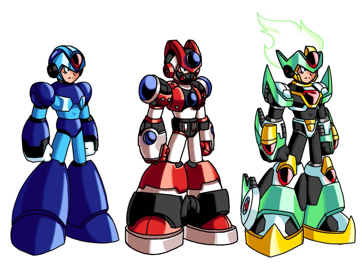 (digital art) X and two armors I made, the Guard Armor &amp; the Plasma Armor

Guard Armor is more focused on defense and power, while the Plasma Armor is more focused on mobility and overall speed